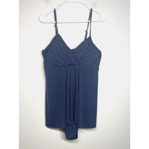 Garnet Hill Ruched Swimsuit One Piece Slimming Modest Overlay Blue UPF50 Size 12